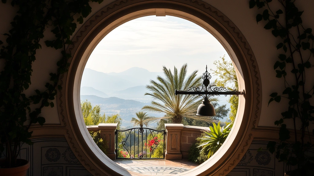 Moongate circular doorway framing distant mountain view, decorative wall with ornamental patterns, climbing vines, and framed garden vista beyond the threshold