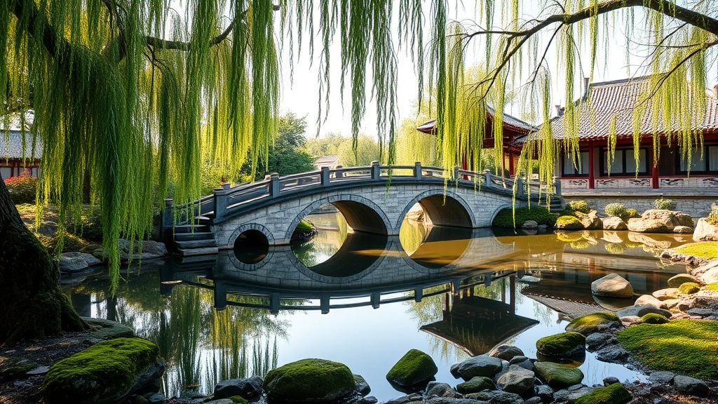 Traditional Ming Dynasty garden with curved stone bridge over still koi pond, weeping willow branches hanging over water, rocky shoreline with moss, afternoon sunlight creating reflections, serene composition with no visible text or signage