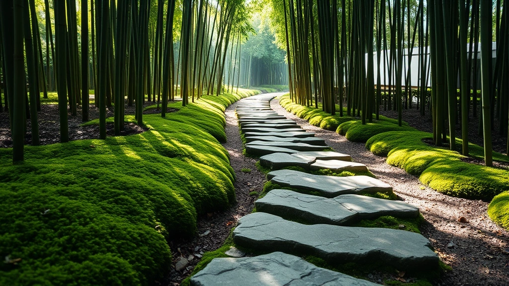 Close-up of garden stepping stones winding through lush green moss and bamboo grove, natural stone pathway with varying heights, soft dappled sunlight filtering through bamboo canopy, garden path disappearing around corner, peaceful forest atmosphere