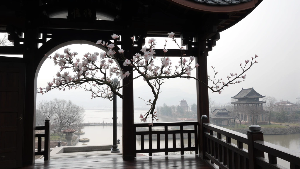 Ornamental pavilion with curved roof overlooking water garden, moon gate opening framing distant mountains, flowering plum tree in bloom, traditional architecture with wooden railings, contemplative viewing platform, misty morning light, no text visible on structure