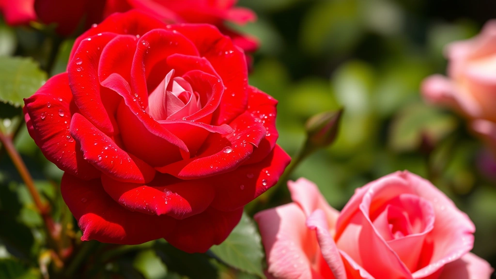 Close-up of vibrant hybrid tea roses in full bloom with deep red and pink petals, morning dew drops on petals, professional garden photography, natural sunlight