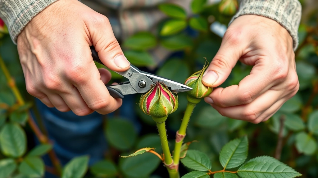 Gardener hands pruning rose canes with sharp bypass pruners, showing proper 45-degree cut technique near bud eye, healthy green stems and foliage visible