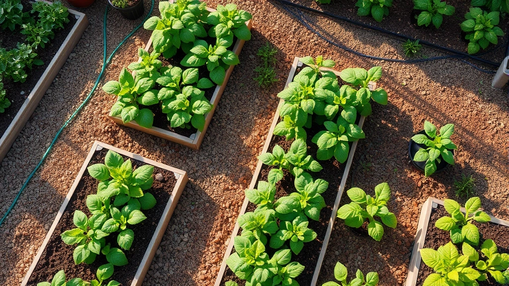 Overhead view of a residential garden with raised beds containing green vegetables, mulched pathways, and drip irrigation lines installed among tomato plants and herb containers in morning sunlight