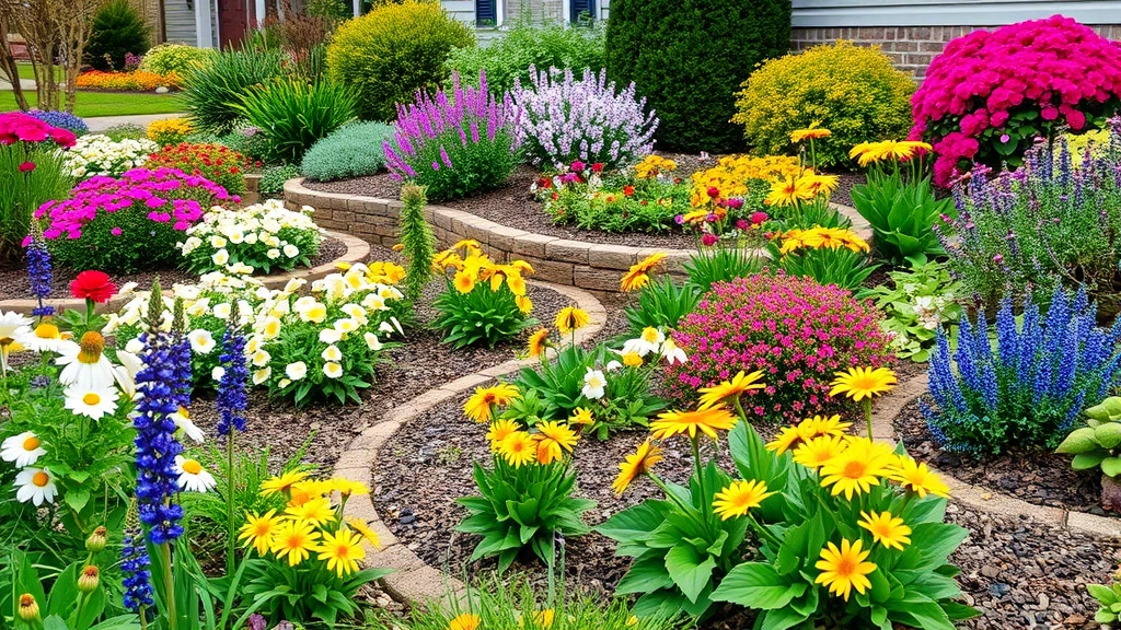 Lush spring garden scene showing colorful perennial flowers blooming in curved landscape beds with mulch, flowering shrubs, and native plants attracting butterflies and bees near a residential home