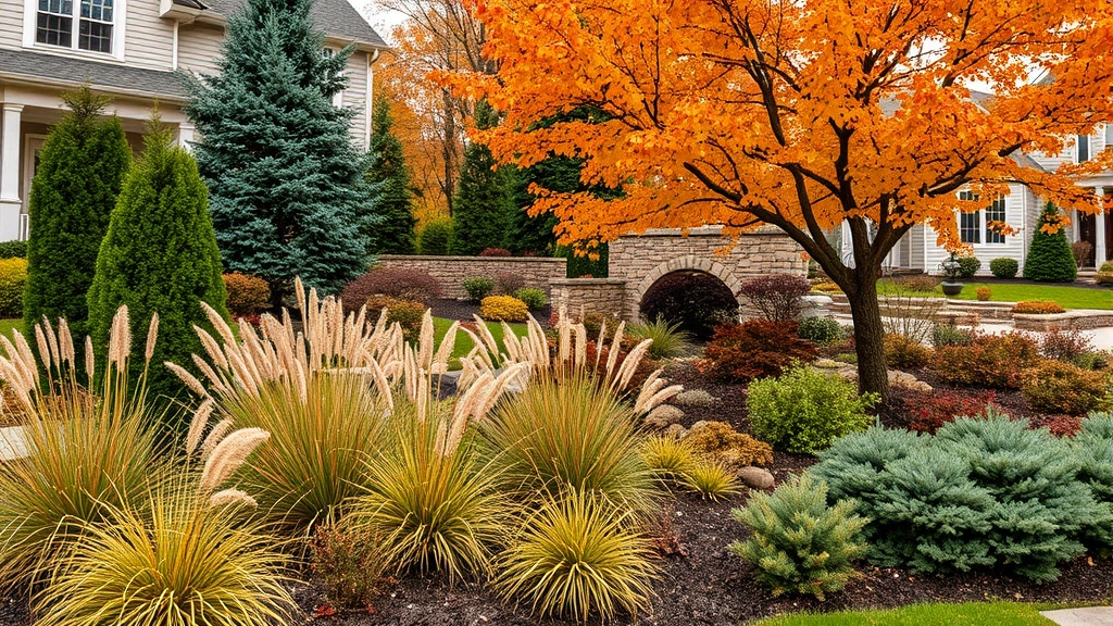 Autumn residential landscape featuring ornamental grasses, evergreen shrubs, and mature trees with warm foliage colors, demonstrating year-round community garden design with structured hardscaping elements