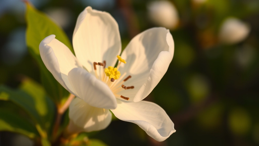 Close-up of delicate white moon blossom flower opening at dusk with soft petals unfurling, showing detailed stamen center, photographed in natural evening light with blurred green foliage background