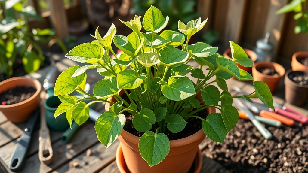 Lush moon blossom plant with segmented green stems growing in terracotta container on wooden garden table, surrounded by gardening tools and potting soil, morning sunlight filtering through leaves