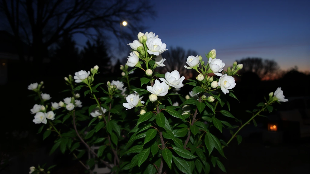 Evening garden scene with multiple moon blossom plants in full bloom against twilight sky, white flowers glowing softly, comfortable seating area visible, peaceful nighttime garden atmosphere