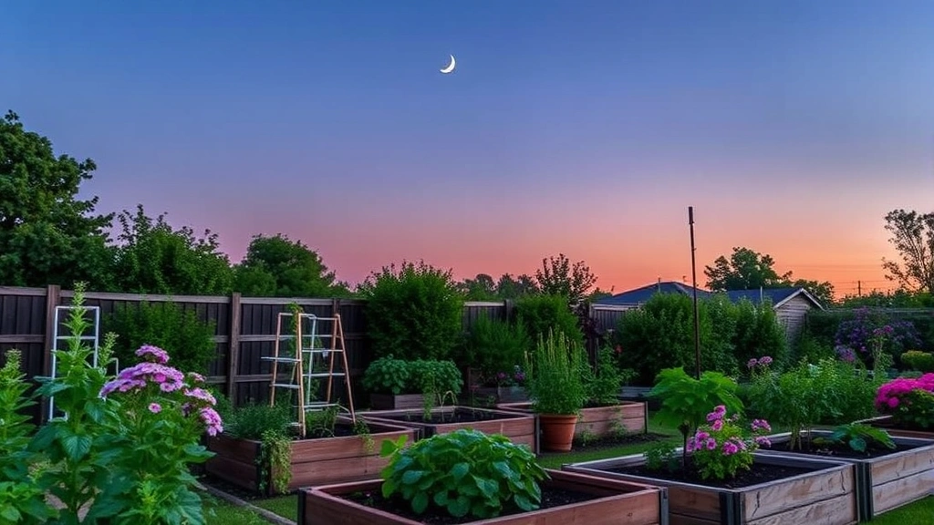 Crescent moon visible in twilight sky above a productive cottage garden with raised beds, herbs, and flowering plants in full growth stage