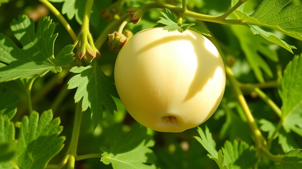 Close-up of moon melon vine with developing pale honeydew fruit and bright green leaves in morning sunlight, showing healthy foliage and flower buds