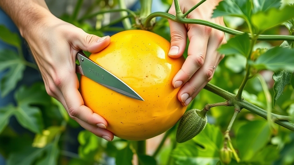 Gardener hands harvesting a ripe casaba melon with golden-yellow skin from lush green vines, demonstrating proper cutting technique with pruning shears