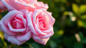 Close-up of dewy pink hybrid tea roses with morning light, petals glistening with water droplets, soft focus green foliage background