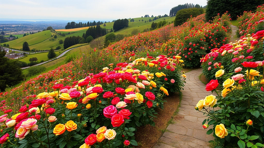 Wide landscape view of multi-colored rose garden with winding pathway, blooming roses in reds yellows pinks whites, Oakland hillside terrain visible