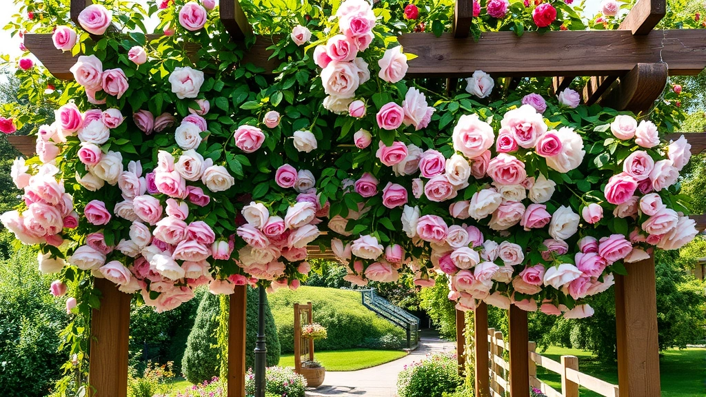 Climbing roses in full bloom covering wooden pergola structure, clusters of fragrant blossoms, dappled sunlight through flowers, garden path below
