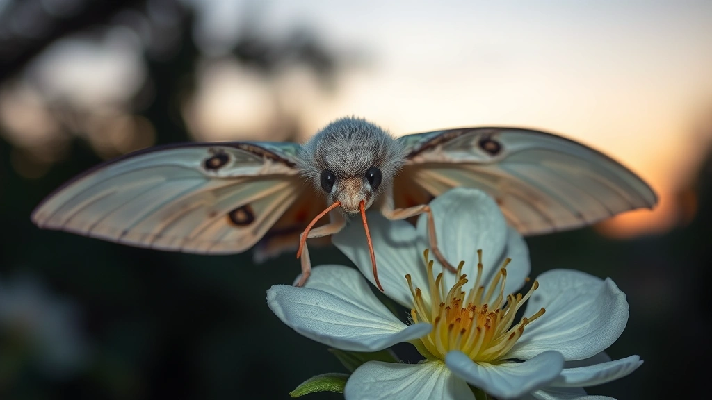 A large moth with pale wings resting on a white flower at dusk, showing proboscis extended into the bloom, detailed wing patterns visible, soft evening light