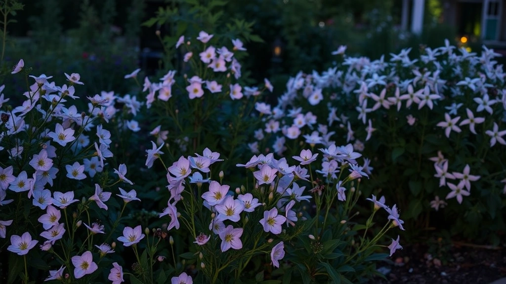 A dense garden border with native evening-blooming flowers including moonflower vines and night-blooming jasmine, moths visiting multiple blooms, twilight lighting
