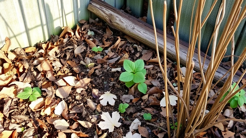 An undisturbed garden corner with leaf litter, fallen wood, and standing dead plant stems creating shelter, morning dew visible, natural overwintering habitat