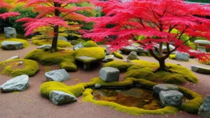 Japanese garden with carefully arranged rocks, moss-covered ground, delicate maple trees with red foliage, and a small water feature reflecting autumn colors