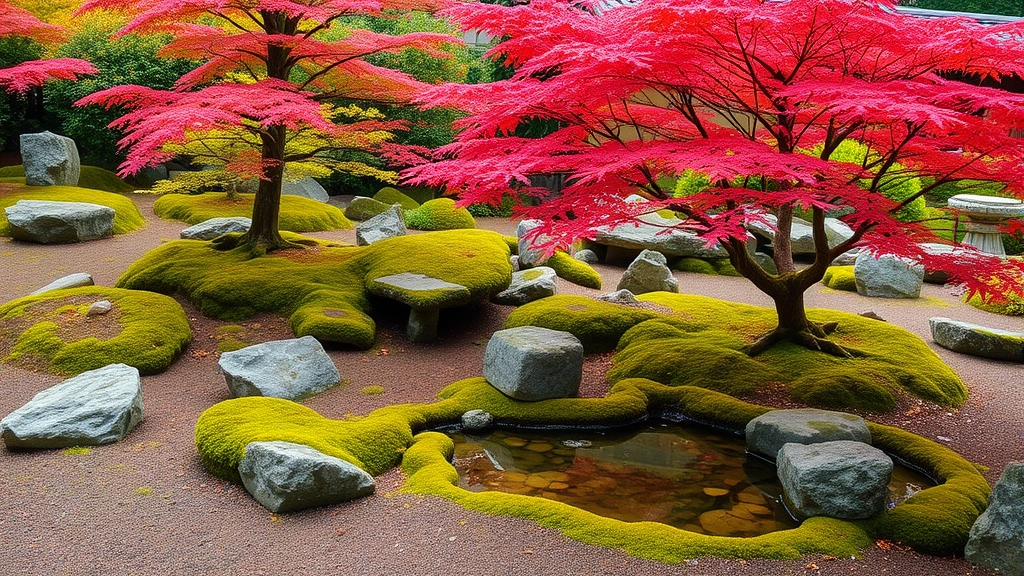Japanese garden with carefully arranged rocks, moss-covered ground, delicate maple trees with red foliage, and a small water feature reflecting autumn colors