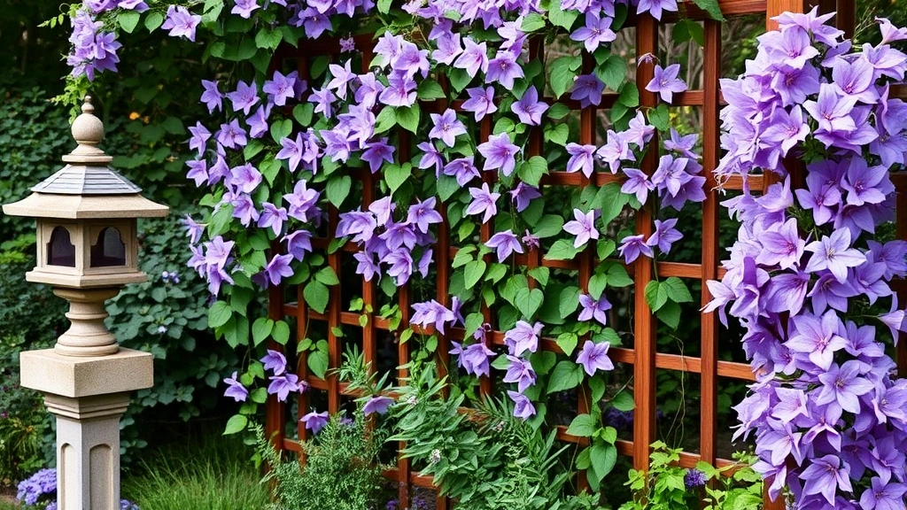 Vertical garden trellis with climbing clematis vines in soft purple blooms, stone lantern nearby, layered plantings creating depth and intimate garden room