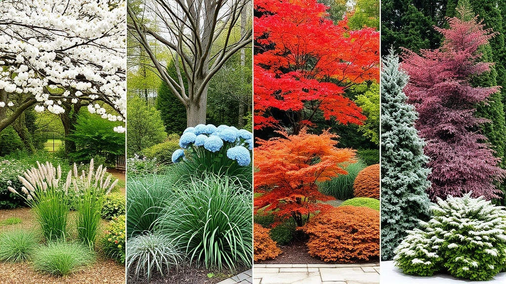 Seasonal garden progression showing spring cherry blossoms transitioning to summer hydrangeas and ornamental grasses, autumn maples, winter structure with evergreens