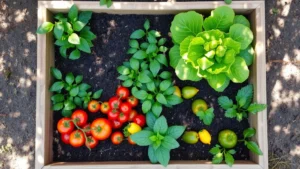 Overhead view of a sunny raised garden bed with vibrant vegetables including tomatoes, peppers, and lettuce growing in rich dark soil, wooden frame structure visible, dappled sunlight through tree canopy