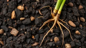 Close-up of rich, dark composted soil with visible organic matter and plant roots, showing vibrant soil texture and earthiness for natural fertiliser imagery
