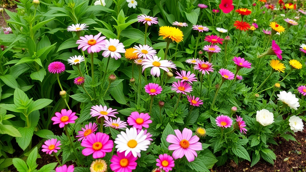 Lush garden bed with blooming flowers and healthy green foliage, demonstrating results of proper organic fertilisation throughout the growing season