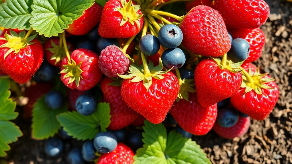 Close-up of ripe strawberries, raspberries, and blueberries clustered on plants in morning sunlight, water droplets glistening on fruit, lush green foliage visible, natural garden setting with soil and mulch background