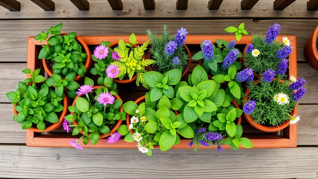 Overhead view of container garden with potted mint, basil, oregano, and lavender plants arranged on wooden deck, colorful flowers blooming, ceramic and terracotta pots with healthy green foliage, natural daylight