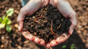 Hands holding rich, dark, crumbly garden soil with visible organic matter, earthworms, and healthy soil texture in sunlight