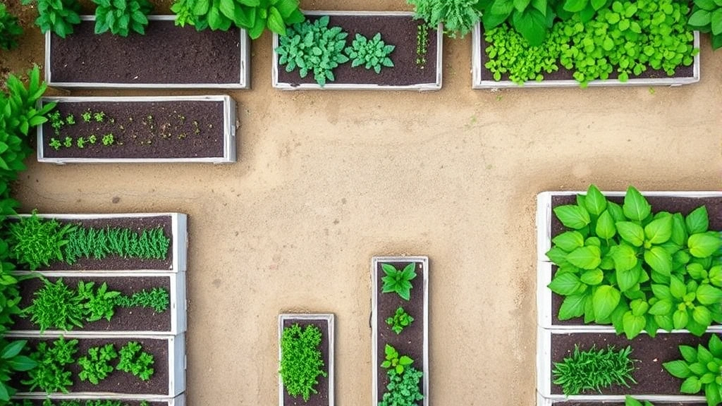 Overhead view of organized raised garden beds with various vegetables growing, clear pathways between beds, and lush green foliage
