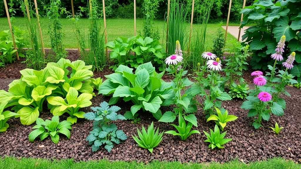 Garden layout with mixed plantings showing tall plants in back, shorter vegetables in front, flowering plants, and established mulch around base