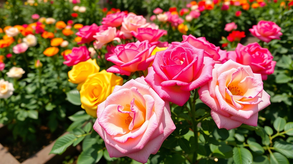Vibrant blooming roses in organized garden beds with multiple color varieties in peak spring bloom, natural sunlight filtering through green foliage, close detail of rose flowers with water droplets