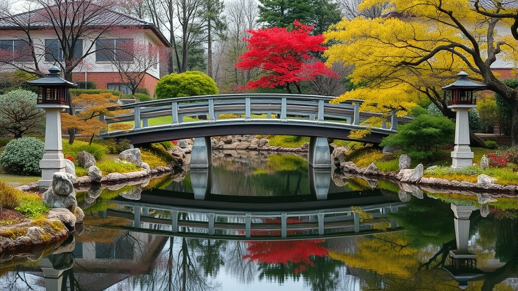 Japanese garden bridge over calm pond with stone lanterns, maple trees, and carefully composed landscaping reflecting in water, peaceful garden pathway with traditional design elements