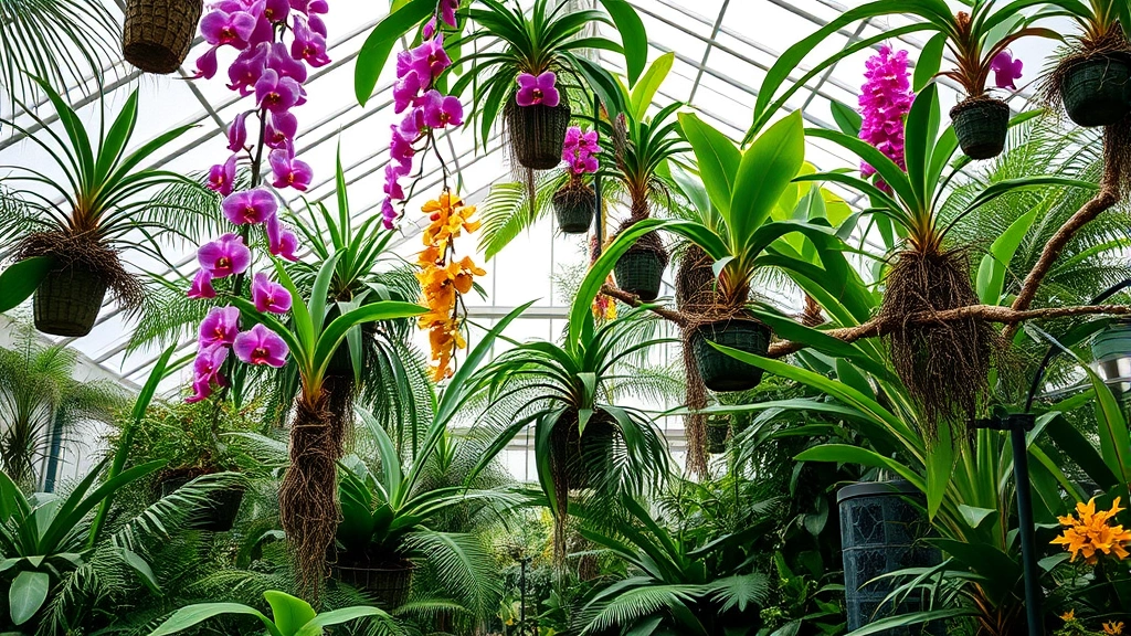 Lush tropical conservatory interior with hanging orchids, exotic flowering plants, bromeliads, and ferns creating jungle-like atmosphere with warm humidity and natural light filtering through glass