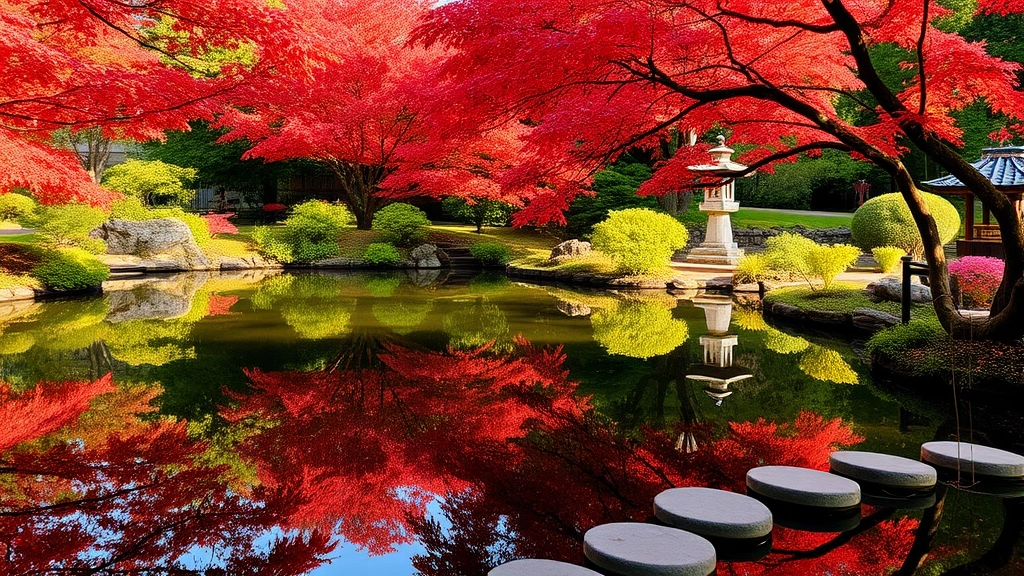 Serene Japanese garden with red maple trees reflected in calm koi pond, stone lantern visible, autumn foliage, early morning light, peaceful water feature with stepping stones