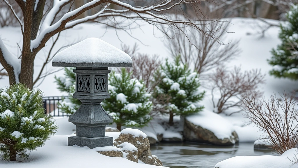 Winter Japanese garden scene with snow-covered stone lantern, bare branch structure, evergreen plantings, frozen water feature, minimalist composition, serene quiet aesthetic