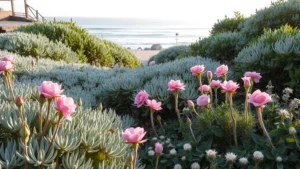 Coastal garden with silvery-foliaged salt-tolerant plants, beach roses, and sea thrift in full bloom with ocean visible in background, soft natural lighting
