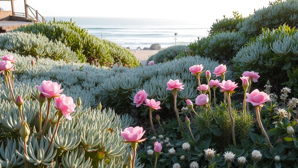 Coastal garden with silvery-foliaged salt-tolerant plants, beach roses, and sea thrift in full bloom with ocean visible in background, soft natural lighting