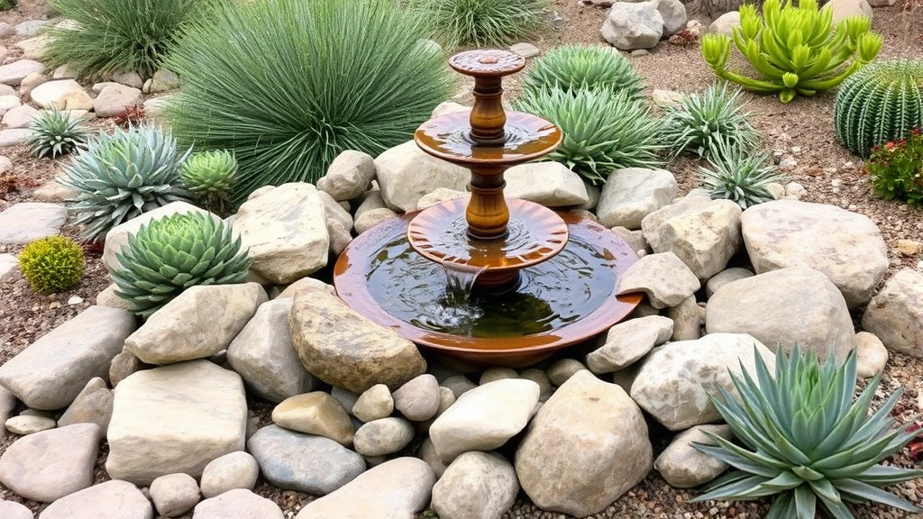Decorative garden fountain with cascading water surrounded by coastal plantings, smooth stones, and drought-tolerant succulents in natural garden setting