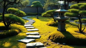 Japanese garden with stepping stones, moss-covered ground, manicured shrubs and small stone lantern in soft morning light, photorealistic