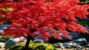 Japanese maple tree with delicate dissected foliage and reddish leaves, growing near smooth river rocks and moss-covered ground in dappled sunlight