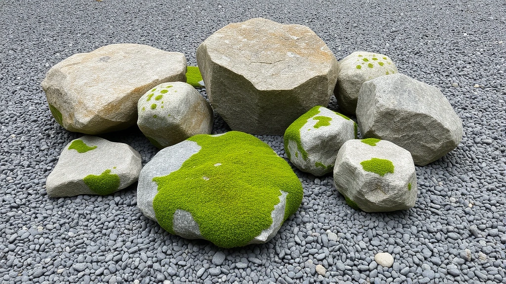 Carefully arranged stone grouping with weathered granite boulders of varying sizes positioned asymmetrically, surrounded by raked gravel patterns and low green moss