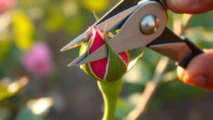 Close-up of pruning shears making a 45-degree angle cut just above an outward-facing rose bud on a green cane, showing proper pruning technique with morning light highlighting the cut