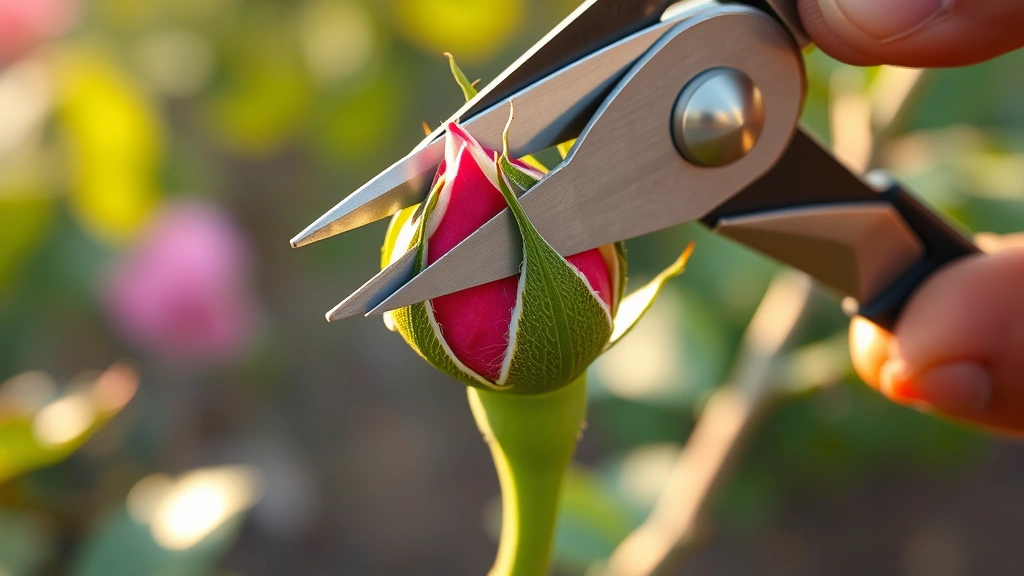 Close-up of pruning shears making a 45-degree angle cut just above an outward-facing rose bud on a green cane, showing proper pruning technique with morning light highlighting the cut