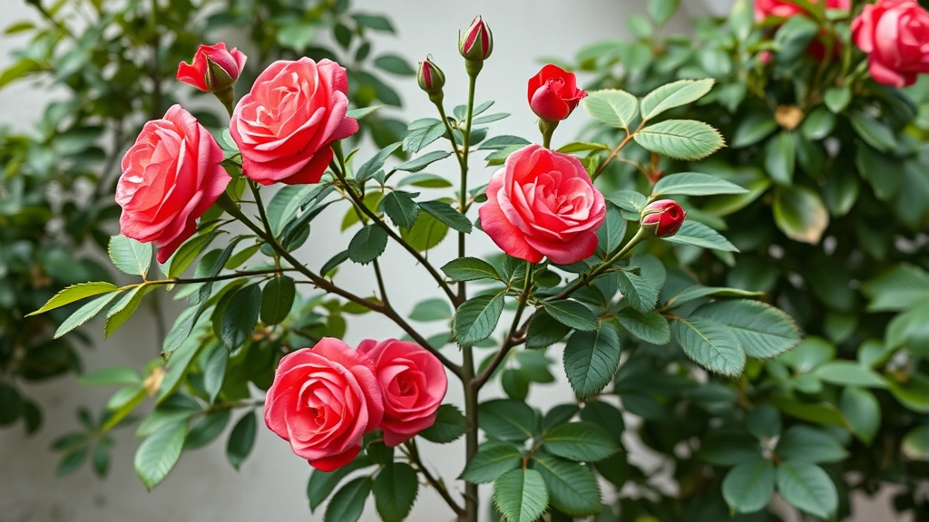 Wide shot of a well-pruned hybrid tea rose plant with open vase-like structure, healthy green foliage, and visible air circulation through the center, blooming red flowers at branch tips