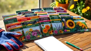 Vibrant collection of colorful seed packets arranged neatly on a wooden table with gardening gloves and a notebook, natural sunlight illuminating the packets