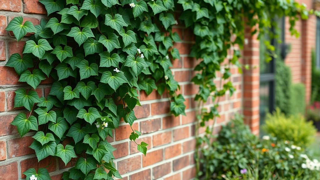 Photorealistic image of a lush climbing vine cascading over a brick garden wall with green ivy leaves and small white flowers, natural daylight, garden background