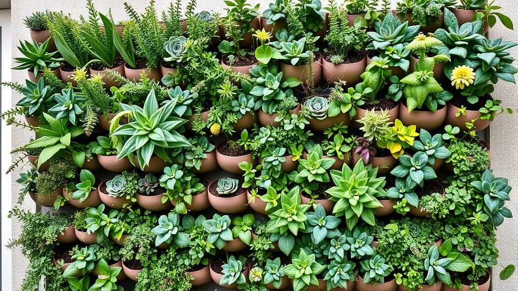 Vertical living wall system with multiple succulent and herb plants in modular pockets, dense green coverage, decorative and functional wall installation, natural outdoor lighting